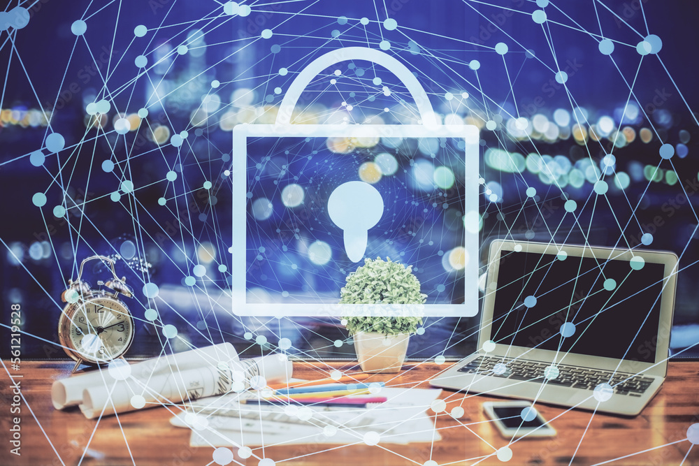 Poster Double exposure of desktop with computer and lock icon hologram. Concept of data safety.