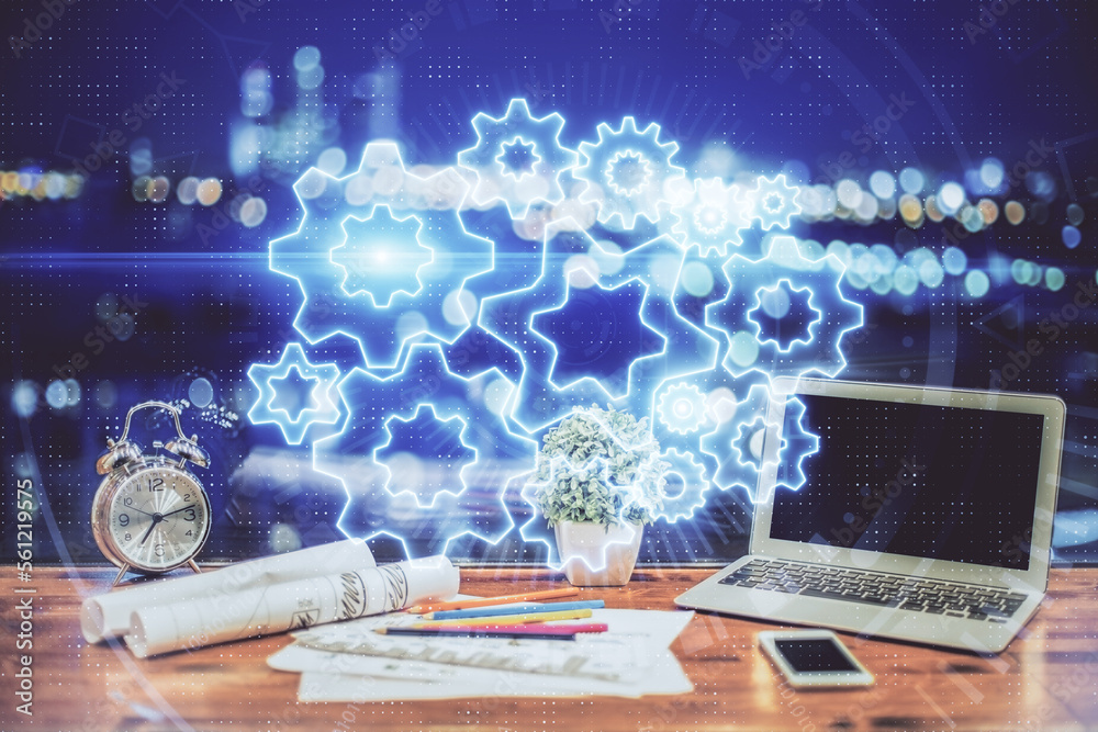 Aufkleber double exposure of business theme icons and work space with computer background. concept of success.