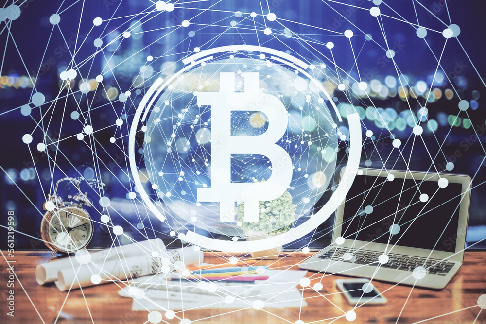 Aufkleber Double exposure of blockchain and crypto economy theme hologram and table with computer background. Concept of bitcoin cryptocurrency.