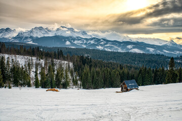 Hut during sunset in Tatra Mountains - 561219523