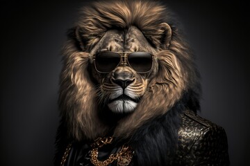 Lion in gangster look with wearing sunglasses and gold chain and expensive leather jacket. leather jacket. animal portrait. Generative AI