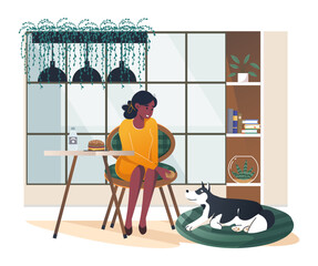 Cute cozy pet-friendly coffee shop or cafe. A person drinks tea, coffee with a pet in a cafe. Woman with funny dog at the restaurant. Female character with a dog vector cartoon illustration.
