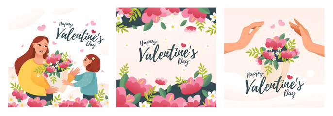 Fototapeta na wymiar Valentine's day. A child gives a bouquet of flowers to his mother for Valentine's Day. A set of cute holiday cards. Cute cartoon vector illustration