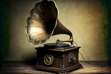 old gramophone on the table, ai generated - obrazy, fototapety, plakaty