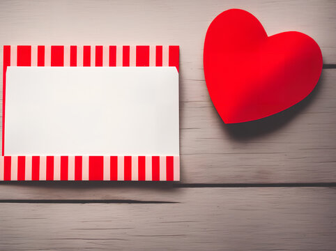 Illustration Of A Blank White Textured Love Note On White Wooden Surface Decorated With A Red Heart In A Red And Pink Striped Case Generative AI