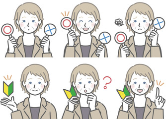 〇✕マークや初心者マークを持つ、スーツを着た高齢の白人女性