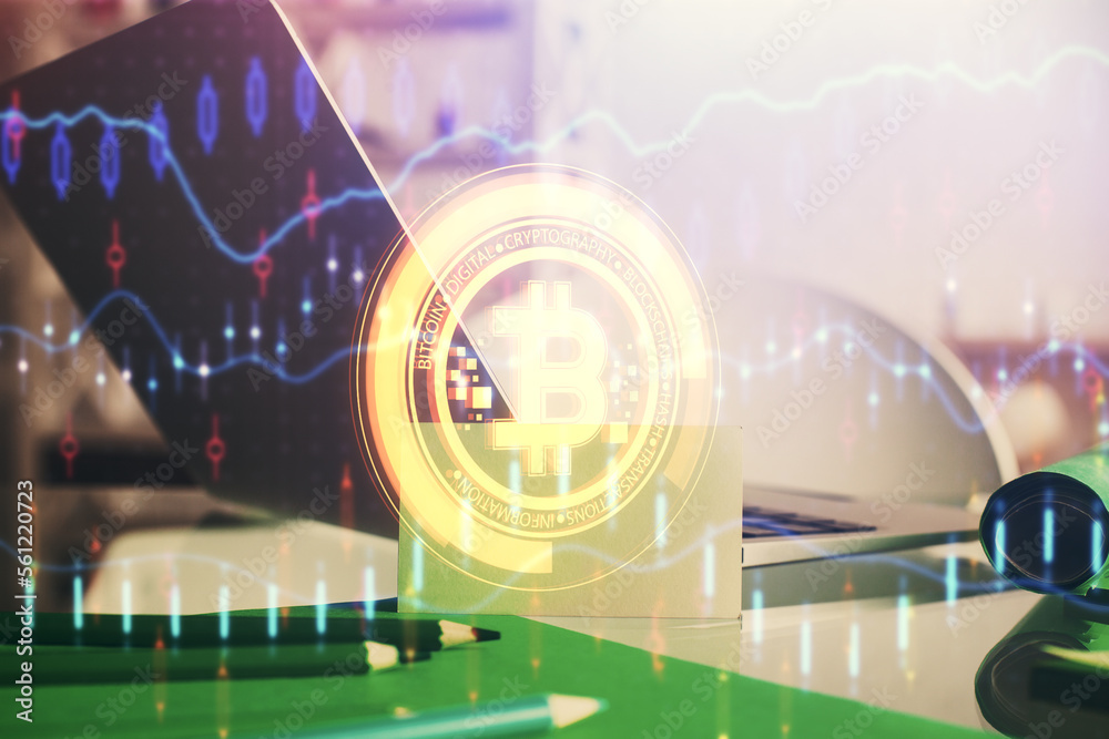 Poster Double exposure of blockchain and crypto economy theme hologram and table with computer background. Concept of bitcoin cryptocurrency.