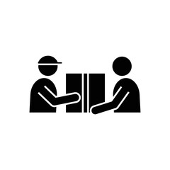 Delivery man with cap giving parcel to customer icon vector symbol.