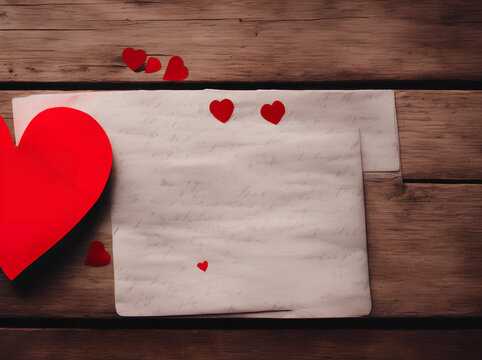 Illustration Of A Vintage Love Note On Dark Wooden Table Decorated With Red Hearts Generative AI