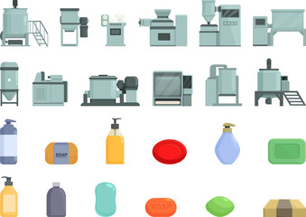 Soap production icons set cartoon vector. Chemical industry. Powder factory