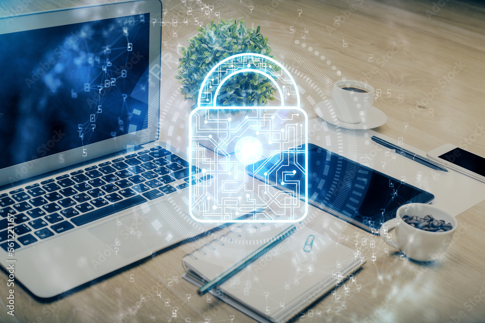 Poster Double exposure of desktop with computer and lock icon hologram. Concept of data safety.