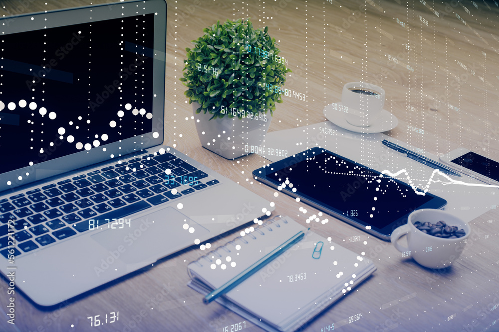 Aufkleber Double exposure of table with computer on background and data theme drawing. Concept of innovation.
