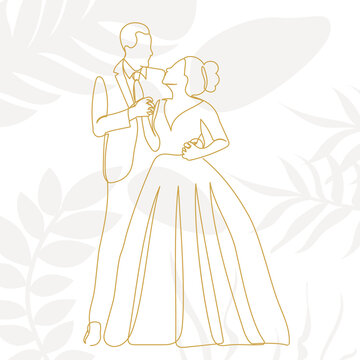 bride and groom drawing by continuous line, on abstract background