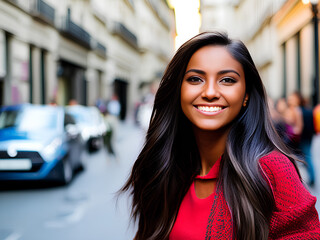 Hispanic young girl portrait on city background. Generative AI.