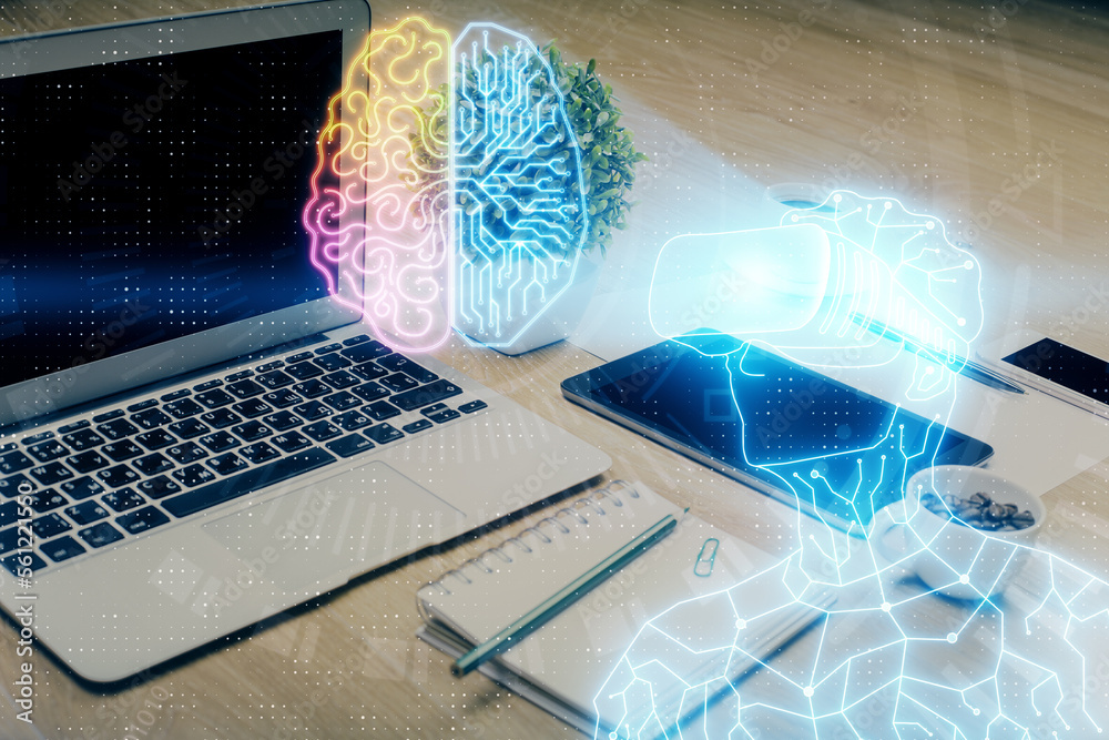 Poster Computer on desktop with AR theme icon. Multi exposure. Concept of augmented reality.