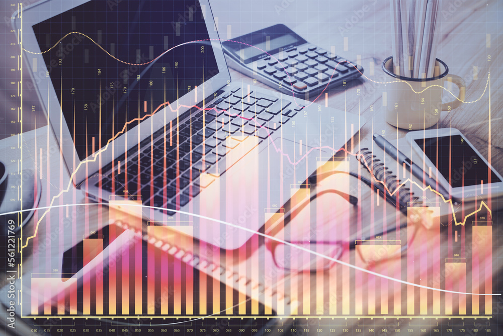 Poster forex market graph hologram and personal computer on background. multi exposure. concept of investme
