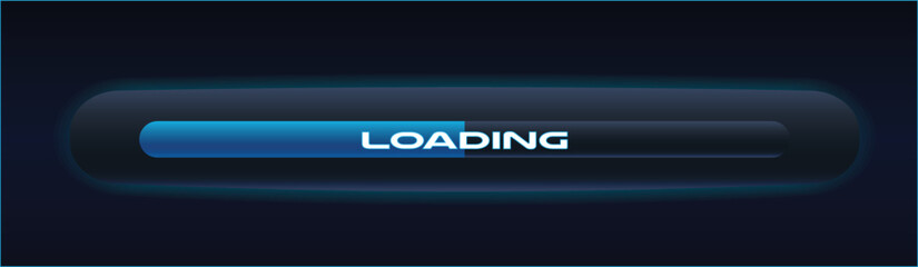 Sci fi futuristic neon glowing loading progress bar, vector UI design element. Blue palette