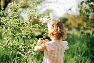 Easter egg hunt. Girl child Wearing Bunny Ears Running To Pick Up Egg In Garden. Easter tradition. Baby with basket full of colorful eggs.