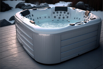 Hot tub with jets, modern jacuzzi design, empty, outdoors and snowy background, generative ai - obrazy, fototapety, plakaty