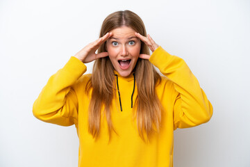 Young caucasian woman isolated on white background with surprise expression