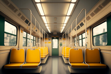 Tram interior with empty seats in public city transport. Generative AI