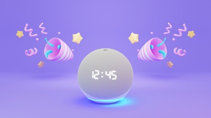 voice controlled speaker with confetti and popper firecracker for party, birthday concept. Festive background card with an empty space for text. 3d rendering