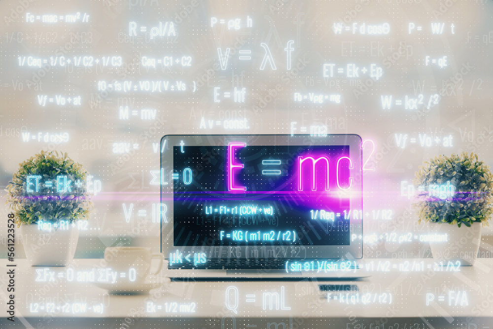 Poster desktop computer background and formula hologram writing. double exposure. education concept.