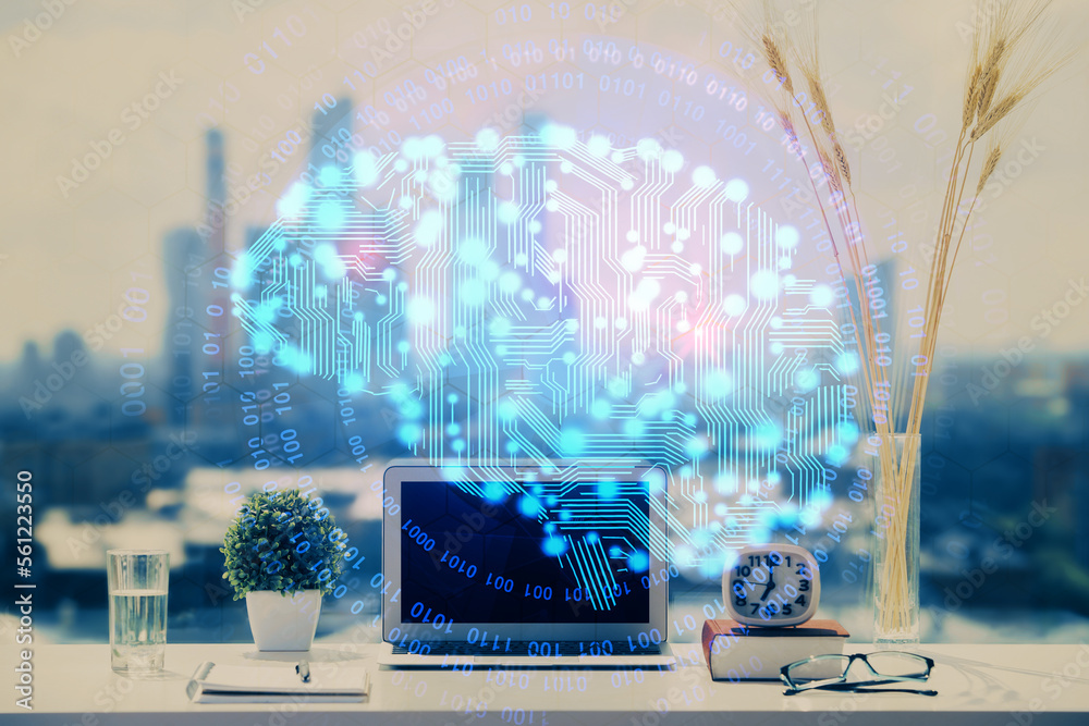 Aufkleber Double exposure of desktop with computer and brain drawing hologram. Artificial intelligence concept.