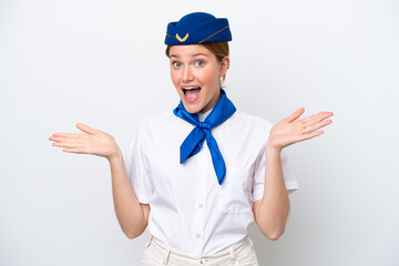 Airplane stewardess woman isolated on white background with shocked facial expression