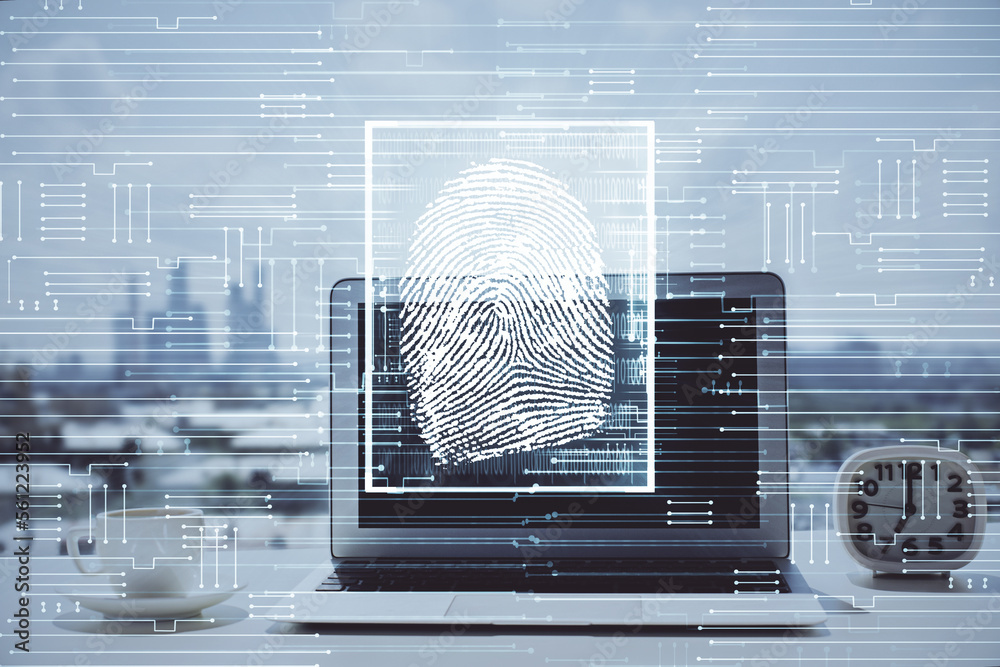 Poster computer on desktop in office with finger print drawing. double exposure. concept of business data s