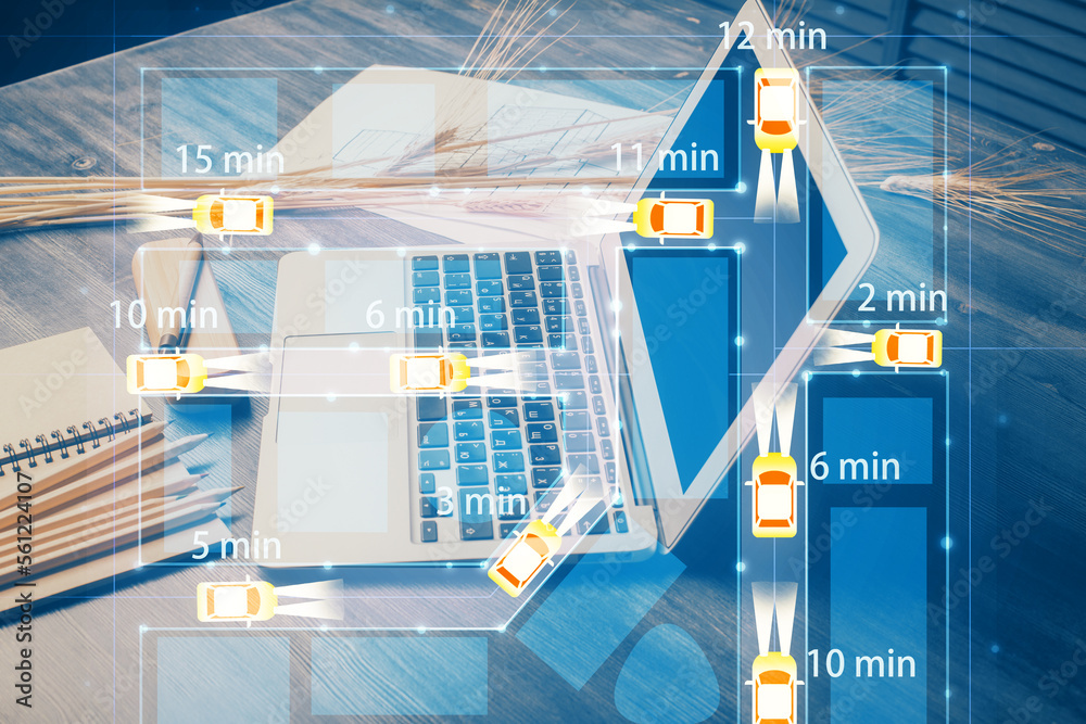 Poster Desktop computer background in office with automobile hologram drawing. Multi exposure. Tech concept.