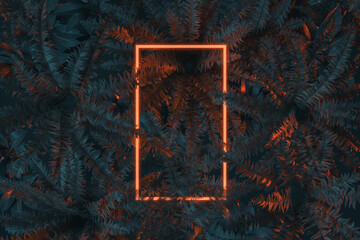 3d Rendering of red rectangular neon light covered by fern leaves. Flat lay of minimal plant style concept © Brilliant Eye