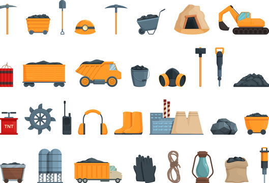 Coal Mining Icons Set Cartoon Vector. Industry Mine. Factory Shaft