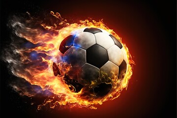 A soccer ball frying through the air with blazing fire trail on background. Generative AI