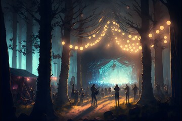 Experience the magic of an EDM festival in the forest at night. The stunning lighting setup illuminates the trees, creating a mesmerizing atmosphere as the crowd dances and vibes to the electrifying m