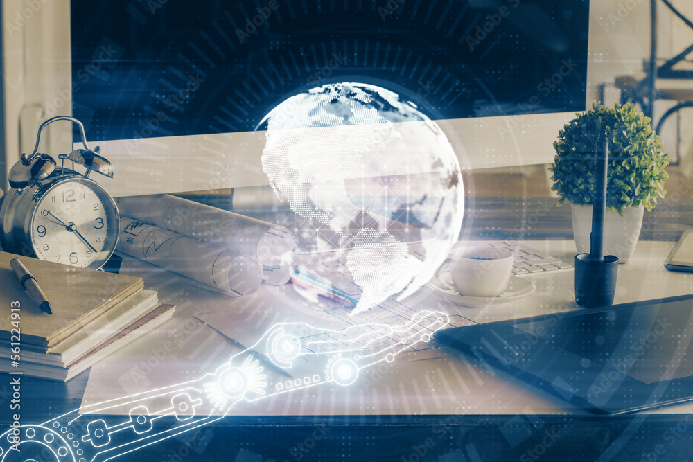 Poster Double exposure of desktop with computer and world map hologram. International data network concept.