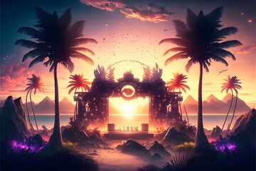 Dance to the beat of electrifying music on a tropical island beach at night. The stunning lighting illuminates the palm trees, creating a mesmerizing atmosphere as the crowd grooves and vibes to music
