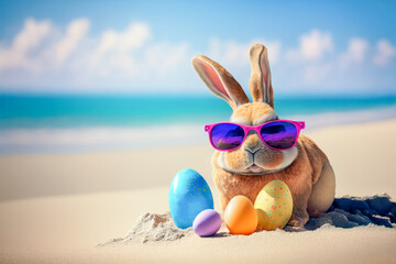 Easter Bunny with Easter eggs on the beach. Generative AI. - 561225587