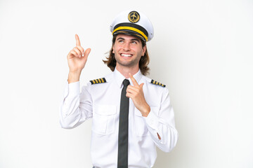 handsome Airplane pilot isolated on white background pointing with the index finger a great idea