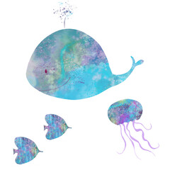 A whale, a jellyfish and fish