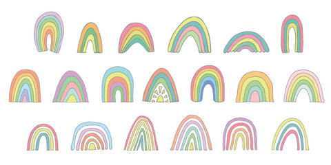 Hand drawn pastel rainbow set. Decorative elements for greeting card, kids and baby clothes print