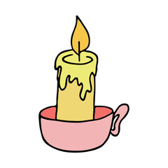 Burning aroma candle. Single doodle illustration. Hand drawn clipart for card, logo, design