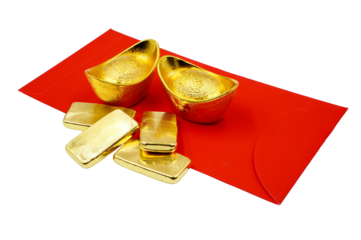 Traditional chinese gold ingots or bullion nugget with 4 chinese words Zhao Cai Jin Bao mean wish you wealth and success with gold bars and red envelope 