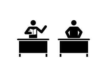 Teacher at his desk in classroom icon vector. Professor course with book.