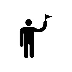 Tour guide or tourist guide holding small flag icon. Man character raising small flag icon vector symbol.