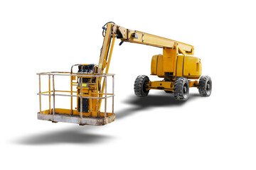 Construction telescopic tower or work platform for people to work at height on a white isolated background. Powerful work platform for lifting construction workers up. Element for design. © Anoo