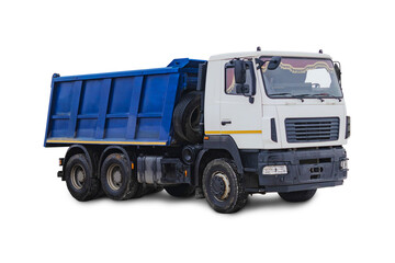Big car dump truck in blue color on a white isolated white background. Car for transportation of...