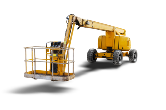 Construction telescopic tower or work platform for people to work at height on a white isolated background. Powerful work platform for lifting construction workers up. Element for design.