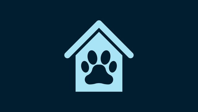 White Dog house and paw print pet icon isolated on blue background. Dog kennel. 4K Video motion graphic animation