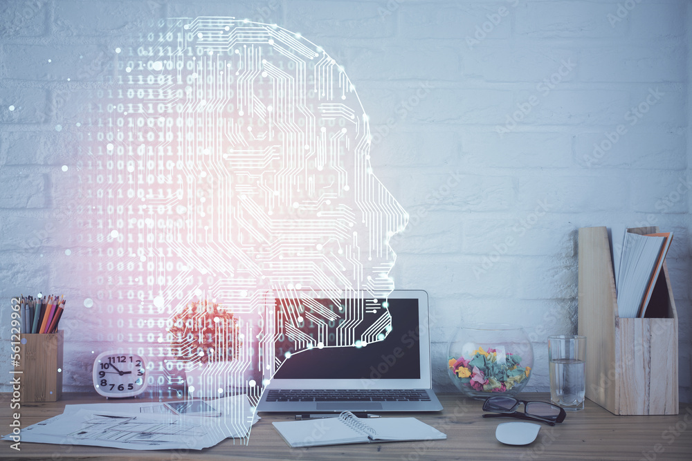 Poster Double exposure of work space with computer and human brain drawing hologram. Brainstorm concept.